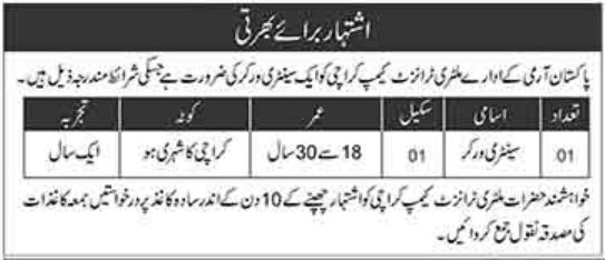 Job Opportunities in Pakistan's Military Transit Camp Karachi for the year 2022