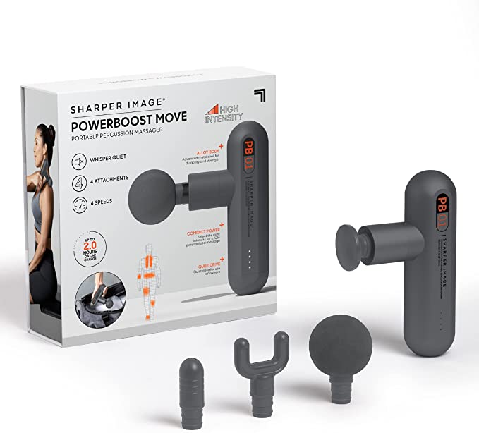 SHARPER IMAGE Powerboost Move Deep Tissue Travel Percussion Massager, Massage Gun w/ 4 Attachments, Whisper Quiet Operation, Variable Strength Full Body Recovery, Rechargeable