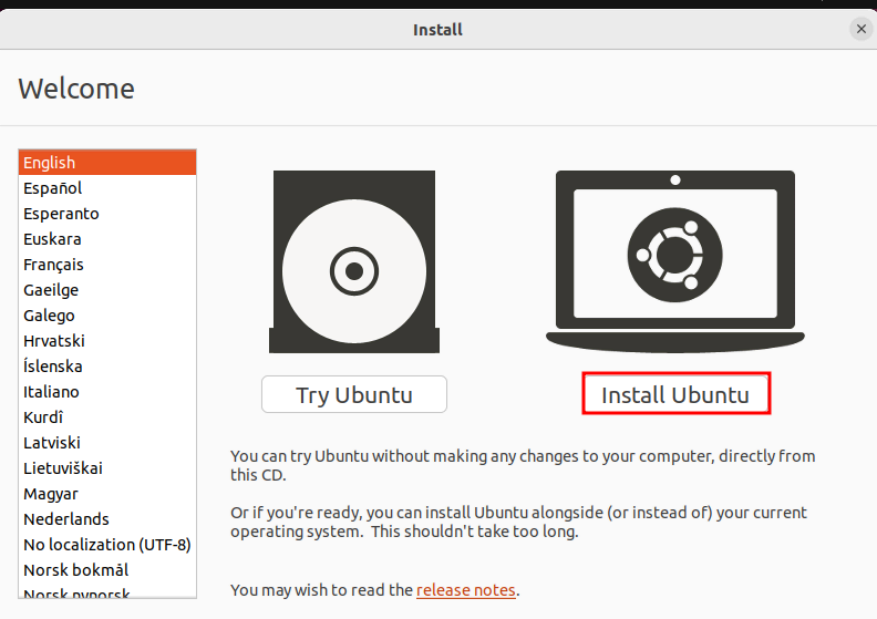 Seleccionar idioma en la instalación de Ubuntu