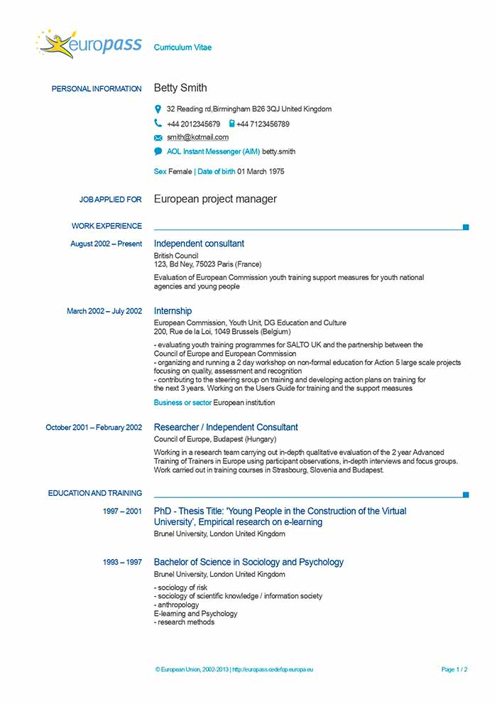 europe resume format download