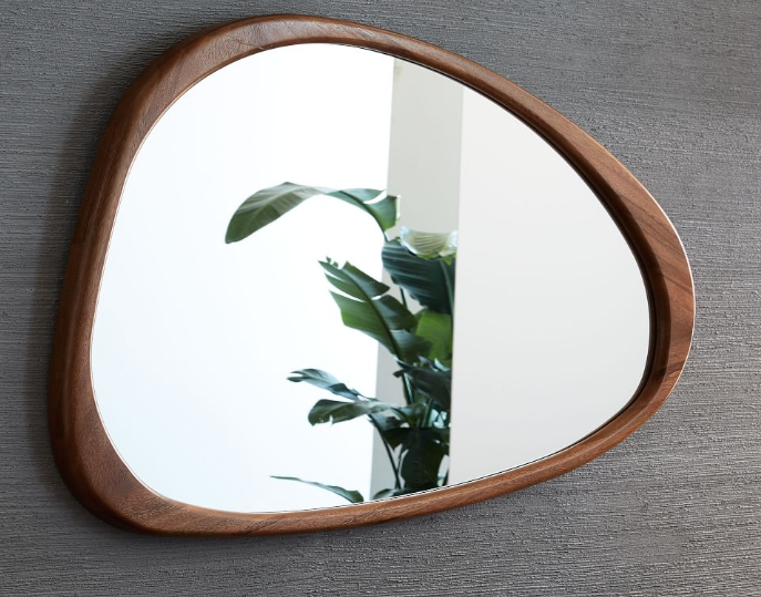 asymmetric wooden mirror reflects a houseplant