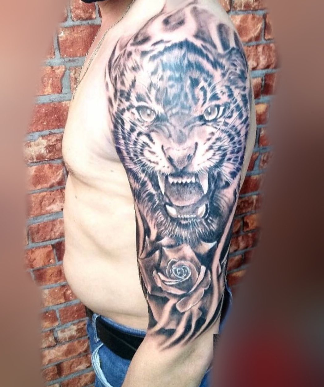 Black And Grey Flaming Ink Tiger Tattoo