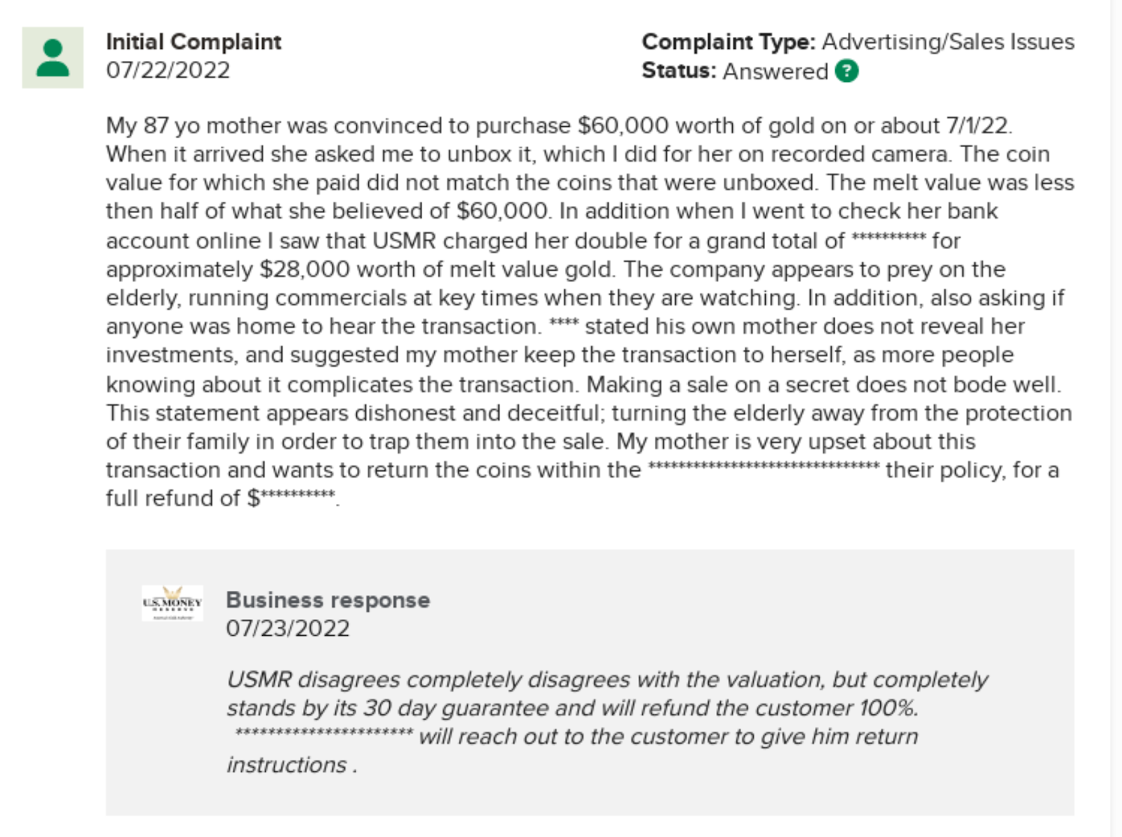 US Money Reserve complaints on BBB by a user. The user alleges fraudulent practices.