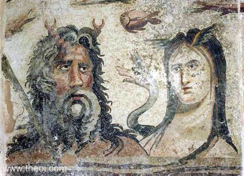 The depicted scene showcases Tethys on the right and Oceanus on the left, with an array of sea creatures illustrated around them.