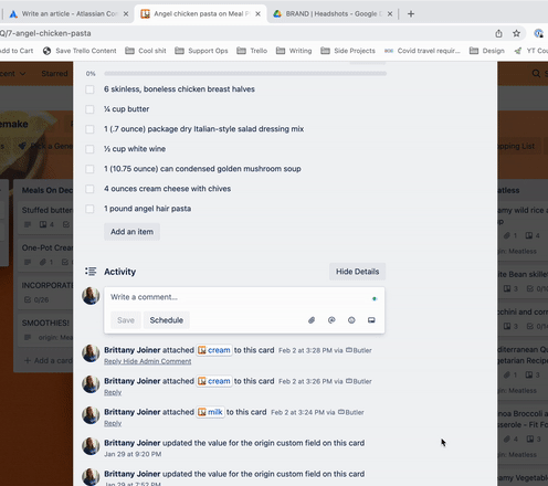 A screenshot of scheduled comments in Trello, powered by a Trello extension built with PixieBrix