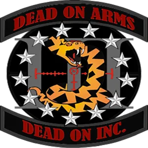 A black circle with a crosshairs, 13 stars in a circle, and a snake encircling the middle I of the Roman Numeral III. Above and below the image in red text on a black background are the words "Dead on Arms Dead On Inc."