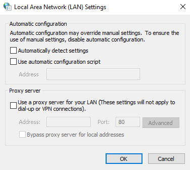 Désactiver tous les paramètres proxy dans les paramètres LAN de Windows