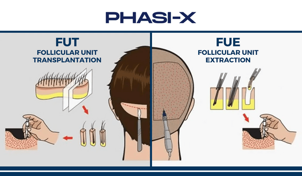 Imagem vetorial mostrando a diferença do transplante capilar FUT para o transplante capilar FUE