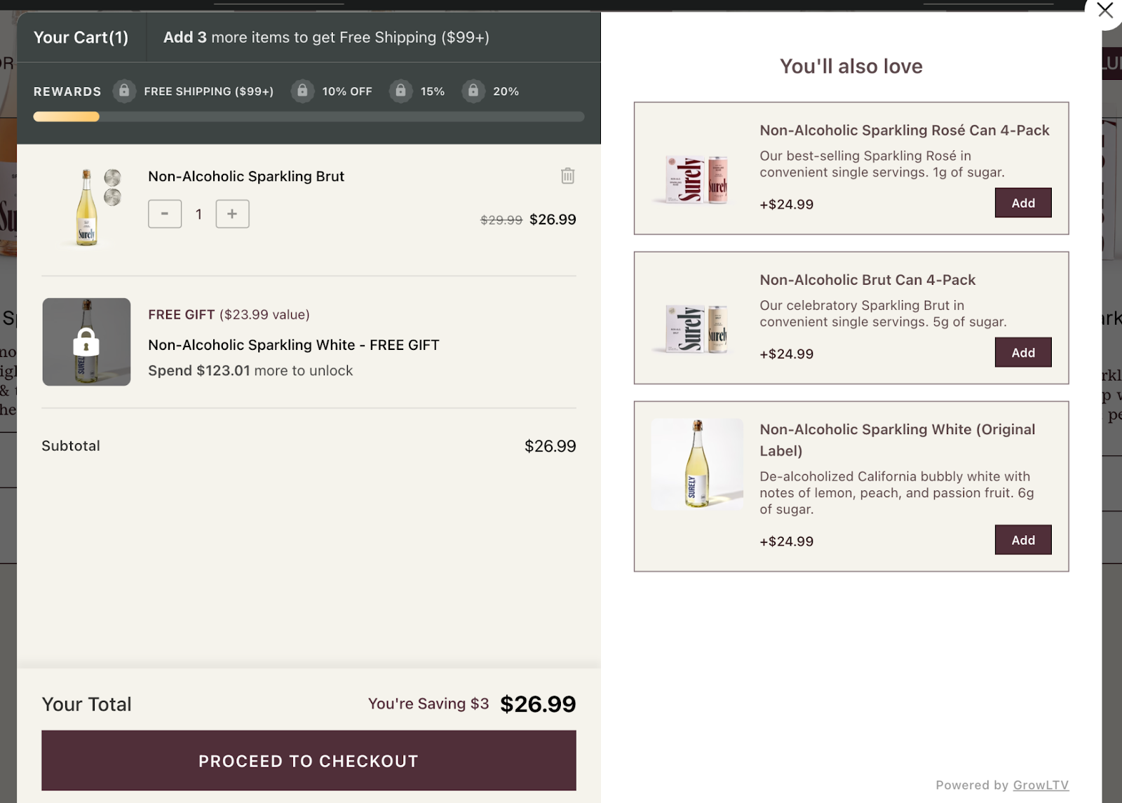 Surely Wine's cart page, which features the items in the customer's cart plus upsell options for additional flavors.