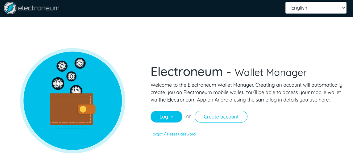 Snímek obrazovky webové peněženky Electroneum