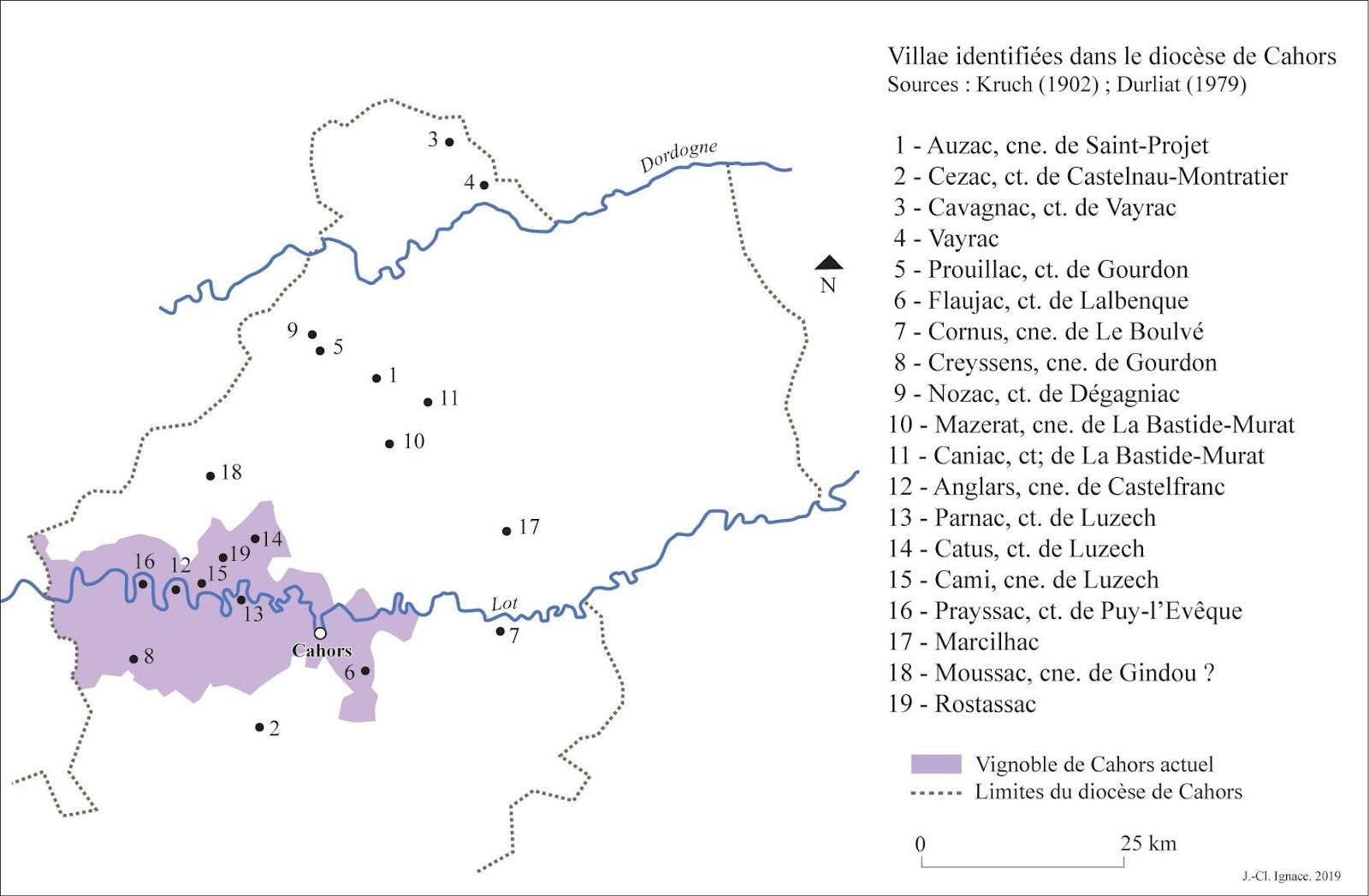 Carte localisant les domaines de Didier dans le diocèse de Cahors, par rapport au vignoble actuel