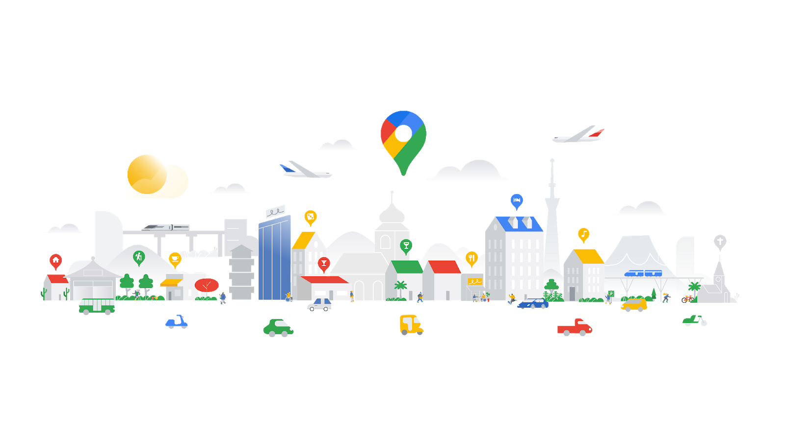 Immagine animata del pin di Google Maps e una città con palazzi e macchine.