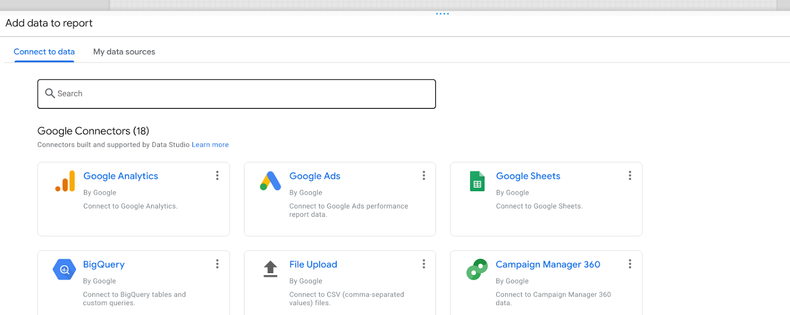 Google Data Studio Marketing Dashboards- Add Data Page