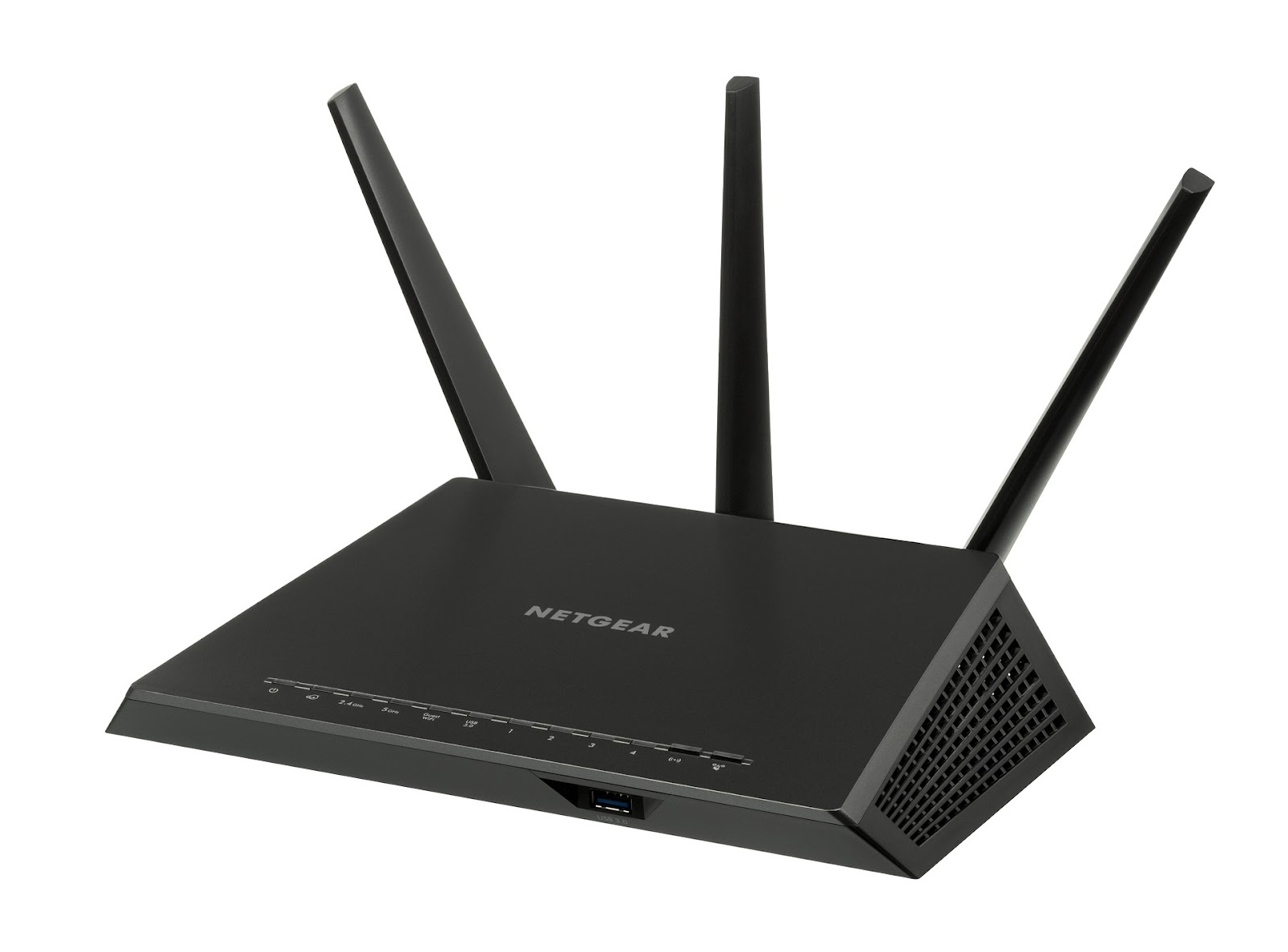 Black Wireless router with three antennae.