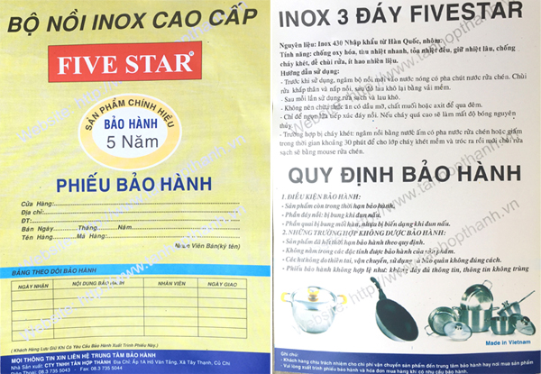 bảo hành 5 năm của nồi Fivestar