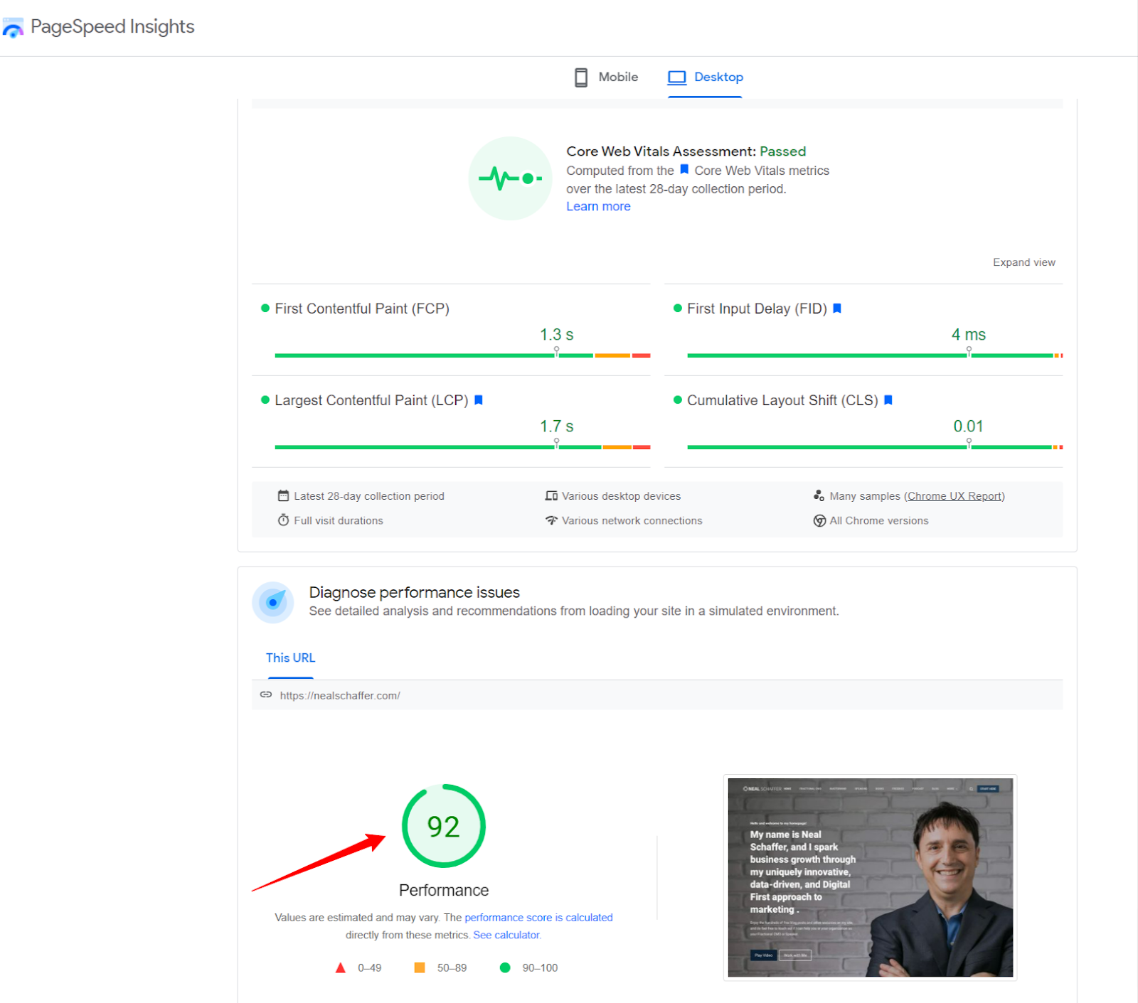 Google Page Speed Insights Score for NealSchaffer.com