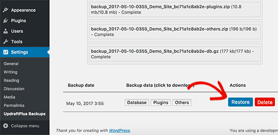 Restaurar arquivos de backup