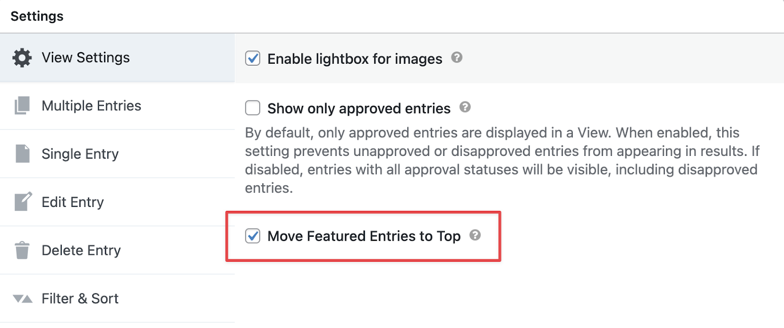 A checkbox allowing you to move featured entries to the top of the results in the GravityView View Settings