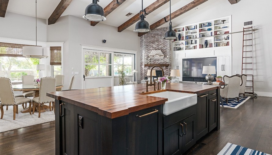 Custom designed open concept kitchen, living and dining room.