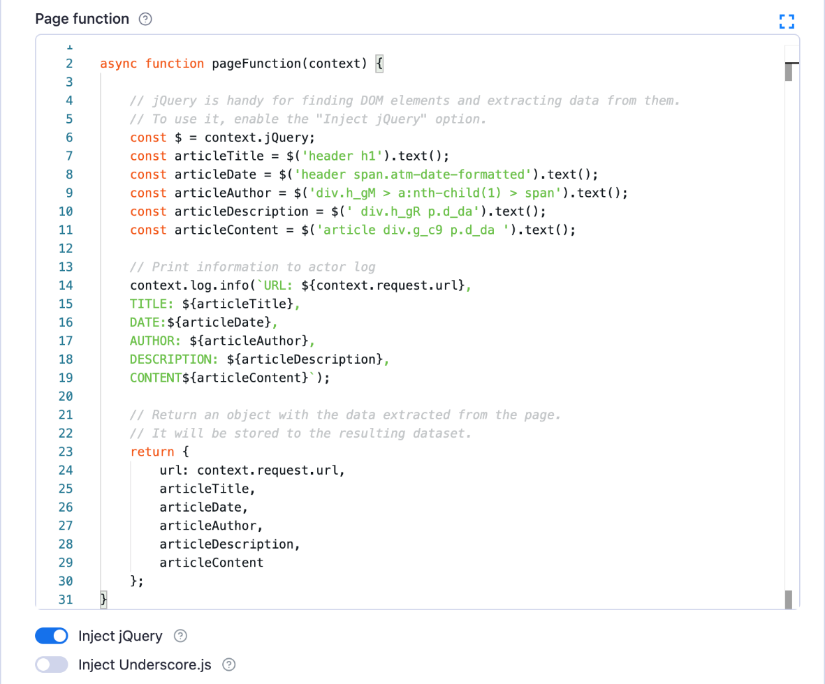 Example of Web Scraper input configuration for novinky.cz