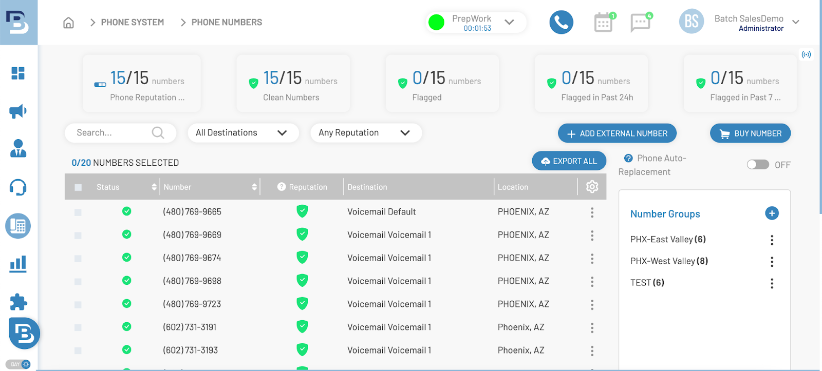 BatchDialer’s phone reputation monitoring tool tracks the status of your numbers and can automatically replace at-risk numbers free of charge.