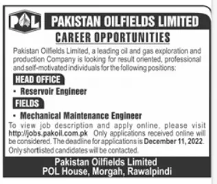 Pakistan Oilfields Limited POL Jobs 2022 Online Apply