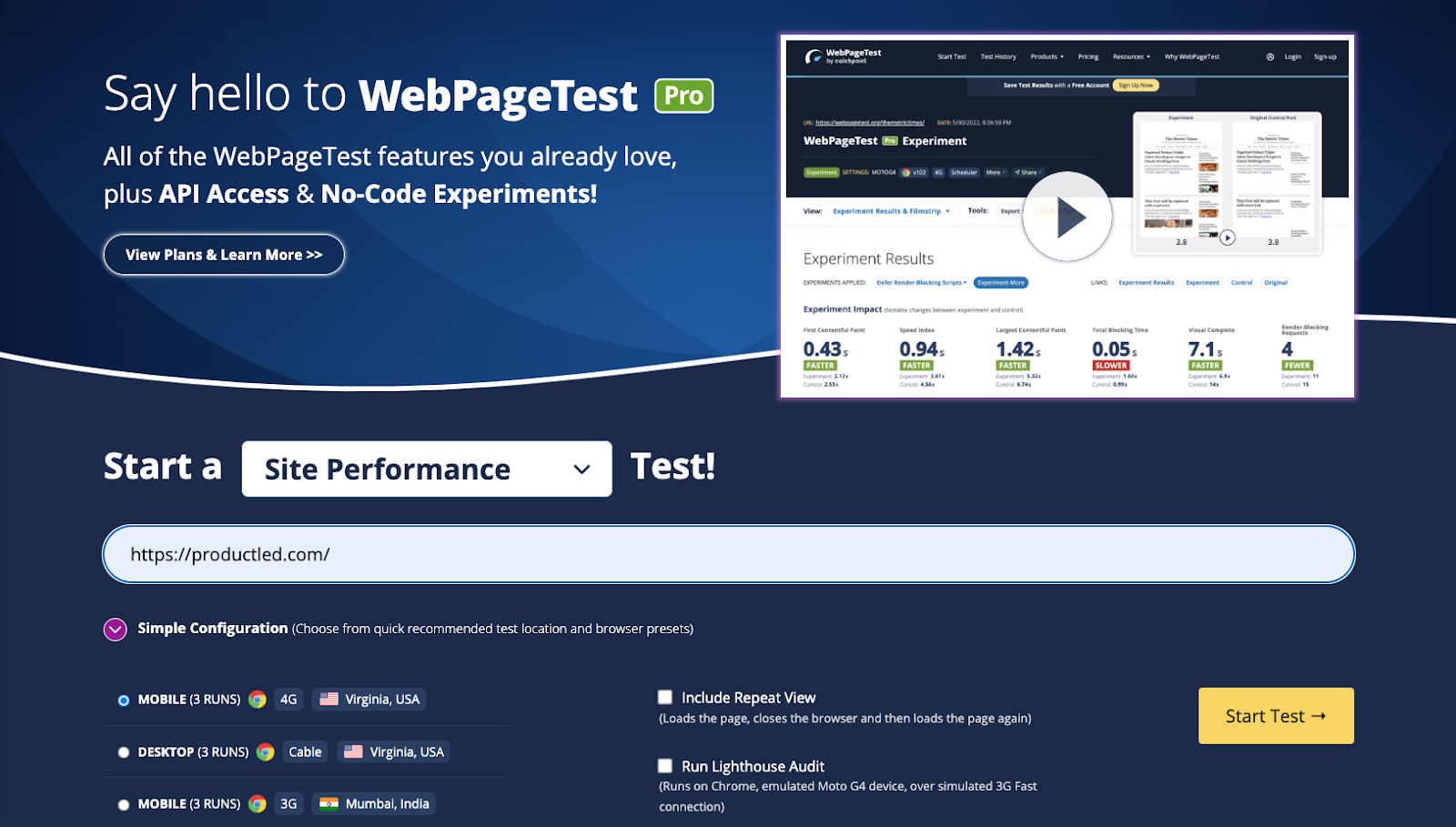 WebPageTest's Homepage best product led growth examples