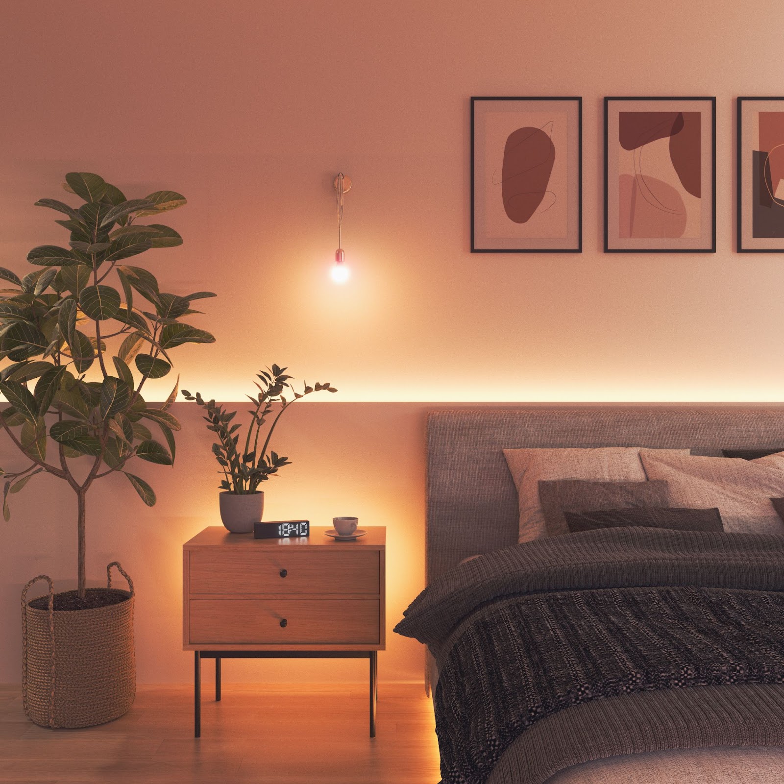 Nanoleaf Essentials Bulb in a bedroom with warm lighting.