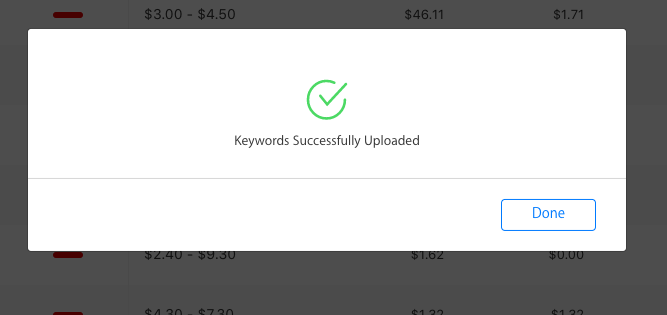 Screenshot of the 'Keywords Successfully Uploaded' confirmation screen on Apple Search Ads