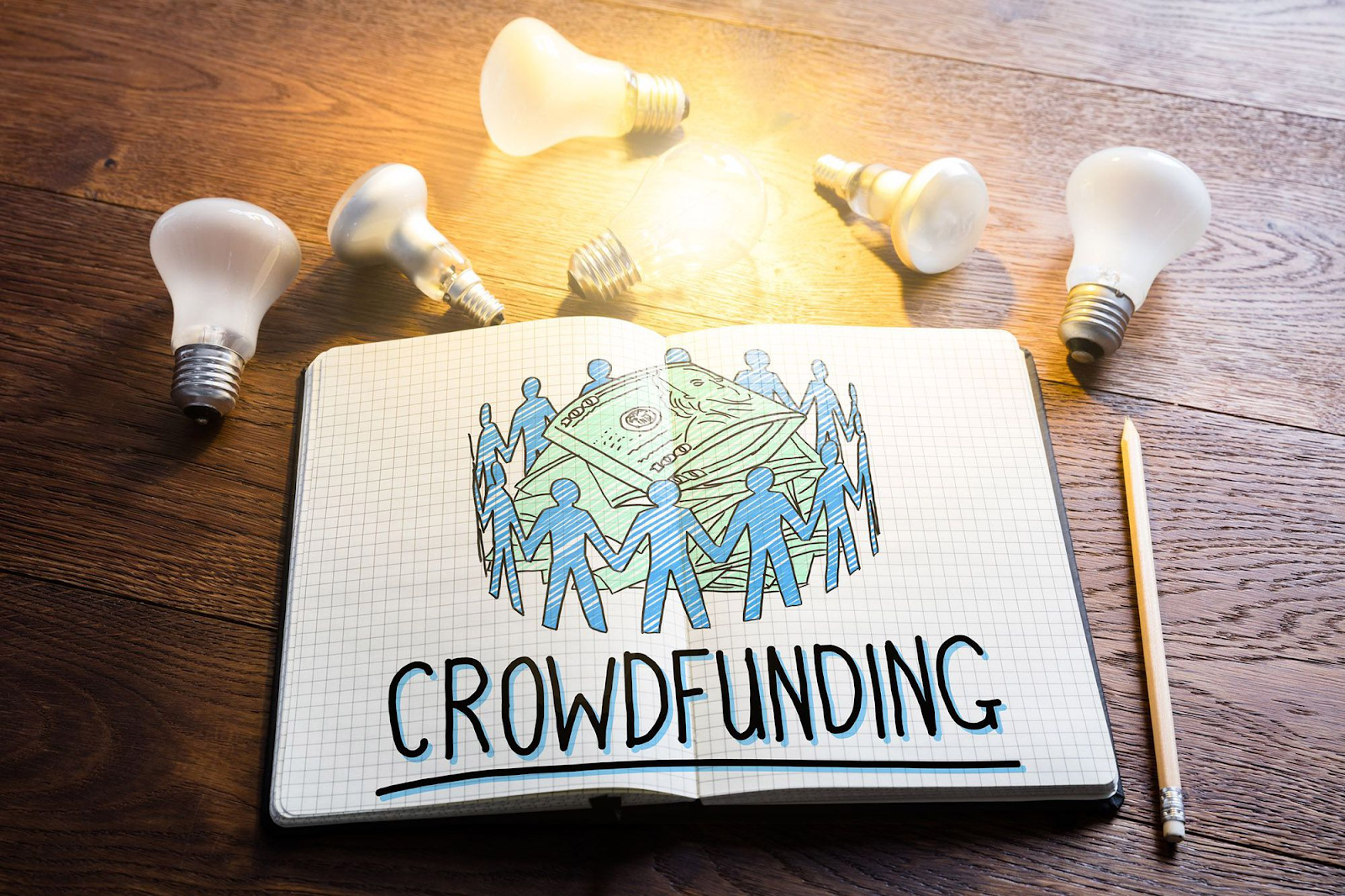 caderno com um desenho com a palavra crowdfunding para remeter o trabalho de ideias