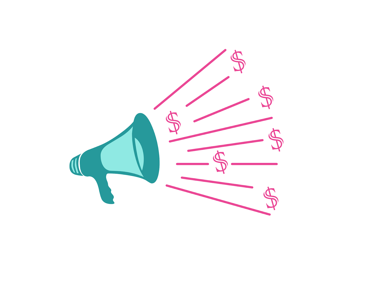 Turquoise megaphone with pink lines and dollar signs emitting from it, representing the financial benefits of a strong brand voice