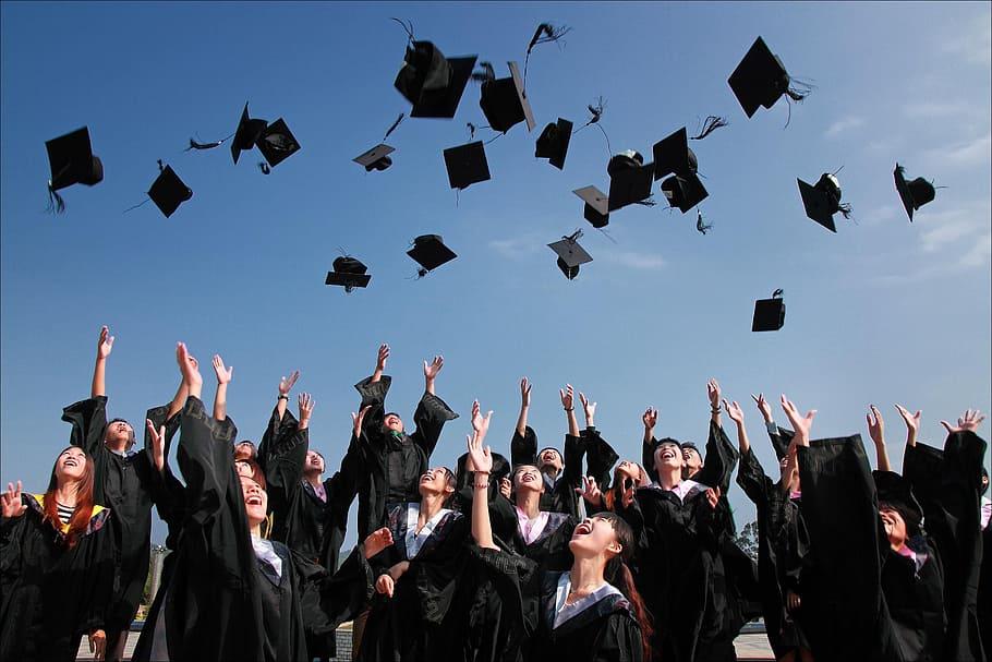 group, graduating, students, university student, graduation photo, hats, graduation, achievement, mortarboard, graduation gown