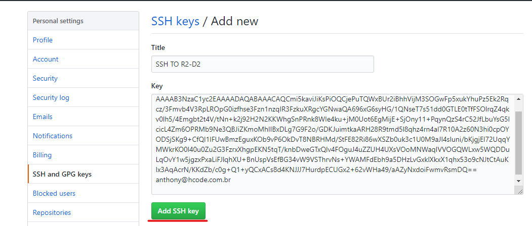Opção de criar nova chave SSH