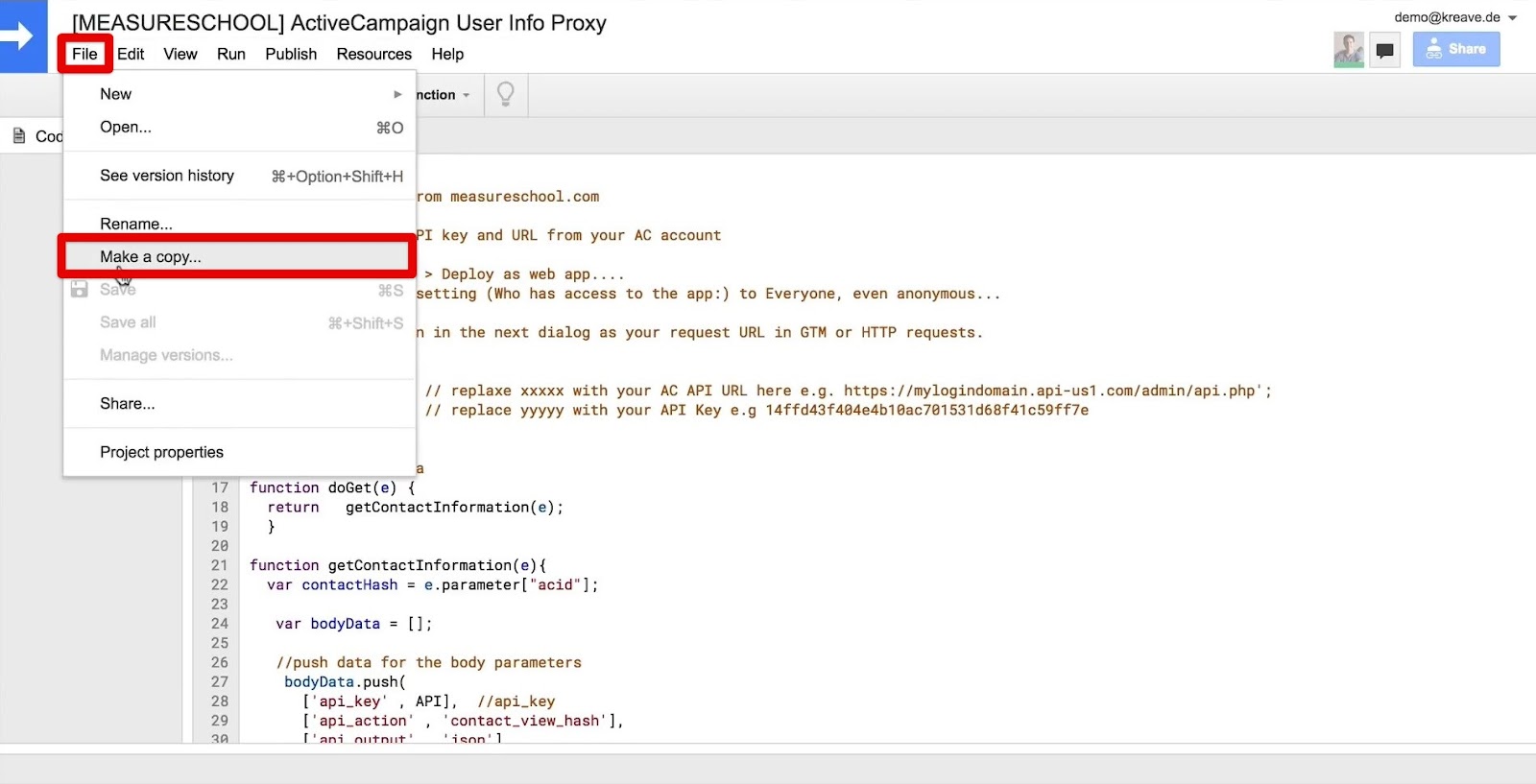 Making a copy of the App Script to your Google Account