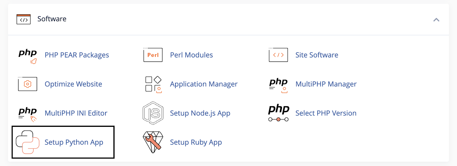 Control panel interface titled 'Software', displaying options such as 'PHP PEAR Packages', 'Optimize Website', 'MultiPHP INI Editor', 'Setup Python App' highlighted, 'Perl Modules', 'Application Manager', 'Setup Node.js App', 'MultiPHP Manager', 'Select PHP Version', and 'Setup Ruby App' with respective icons.