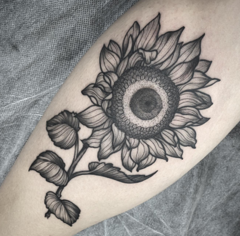 Shaded Sunflower Leg Tattoo