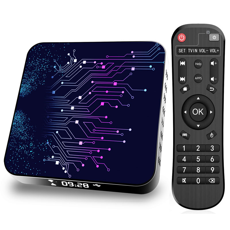 Tv Box Tp02 Rk3318 Android 10 TV Box next to remote control