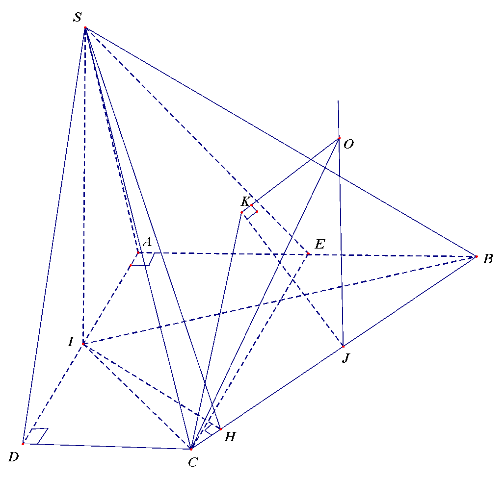 5. Cho hình chóp (S.ABCD)có đáy là hình thang vuông tại (A) và (D), (CD = a); (AB = AD = 2a). Tam giác (SAD) cân tại (S)<sub> </sub>và nằm trong mặt phẳng vuông góc với đáy. Mặt phẳng (left( {SBC} right)) tạo với đáy một góc (60^circ ). Gọi (E) là trung điểm cạnh (AB). Tính bán kính mặt cầu ngoại tiếp khối chóp(S.EBC).</p> 1