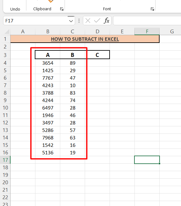 how to subtract in Excel- Example for two-column subtraction
