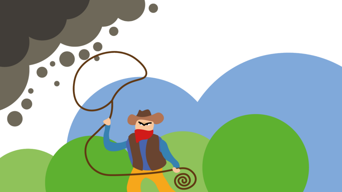 Illustrasjon av en cowboy som prøver å fange CO2 med en lasso.