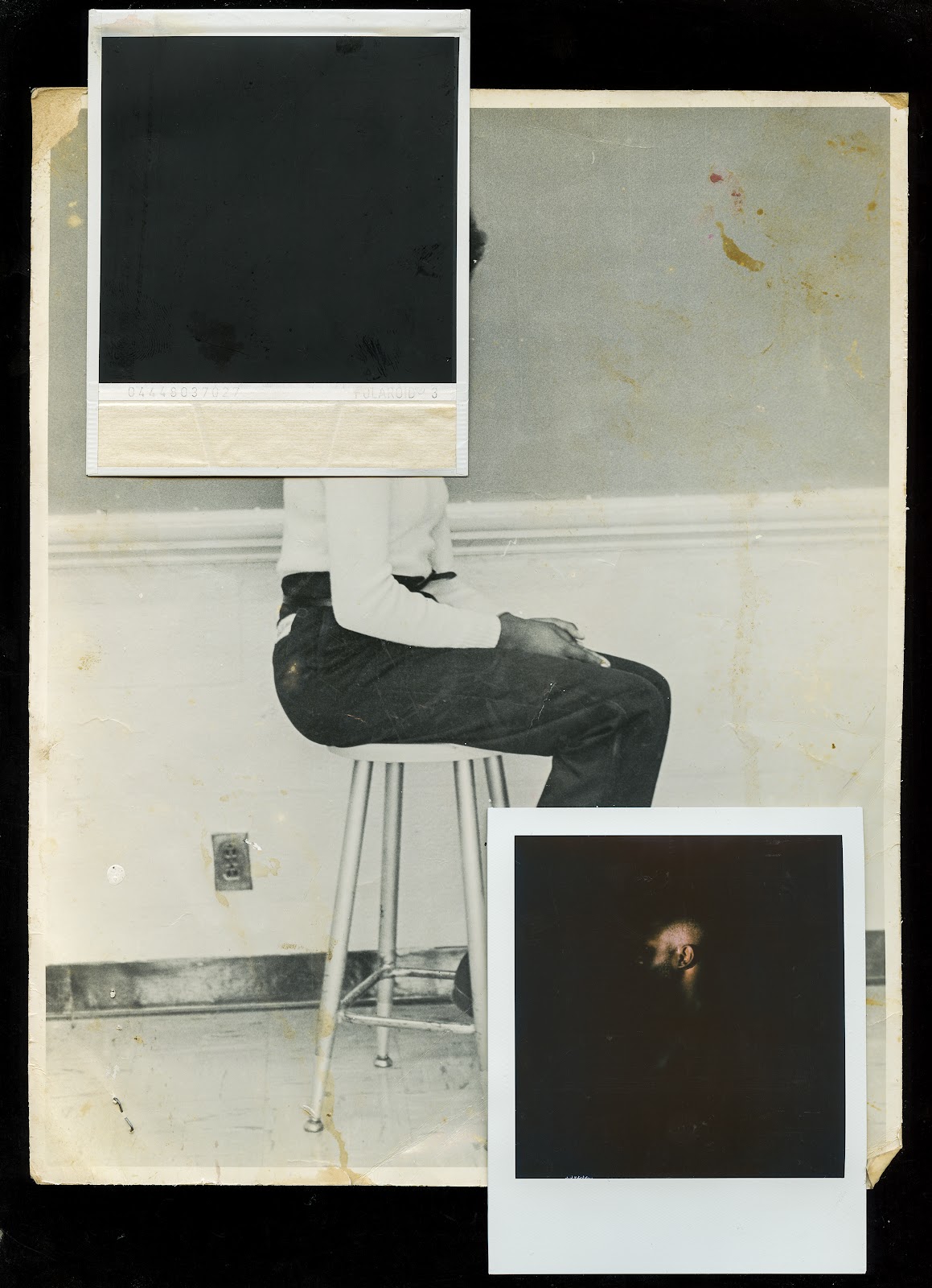Image left: Shabez Jamal, Untitled (Page Reconstruction no. 85), 2023. In Untitled (Page Reconstruction no. 85), one large photograph of a person seated on a stool, seen from profile view. The photograph takes up the majority of the frame of the image. Covering the face and feet of the person in the image are two other Polaroids, one turned facedown, the other showing a spotlight on a person's face as they turn away from the camera. Photo courtesy of Shabez Jamal.