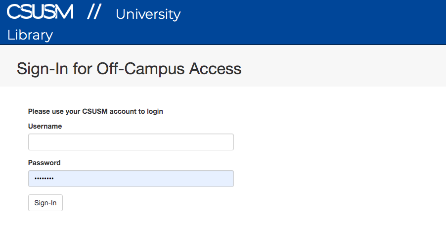 A screenshot of the Sign-In For Off-Campus screen.  Username and Password must be inputted.