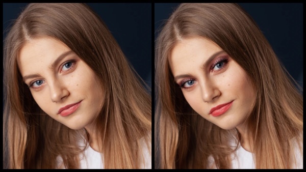 Montagem com 2 fotos da mesma mulher mostrando o antes e depois da edição da maquiagem Electrify do AirBrush