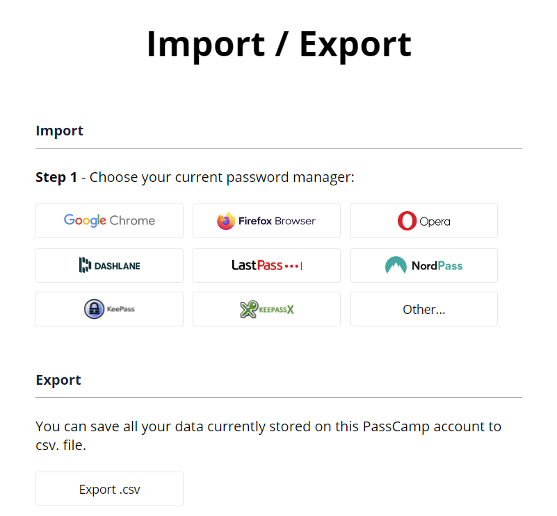 import and export passwords from PassCamp