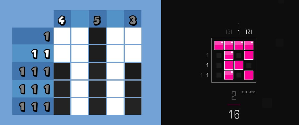 On the left, a grid-based puzzle against a blue background. It is mostly completed, with most of the row/column numbers having turned grey. On the right, a pink grid puzzle against a background, which is also mostly finished, with some row and column numbers turned grey.