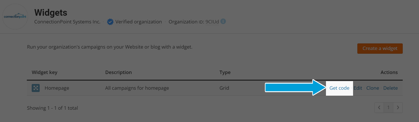 Screenshot of the campaign 'Widget' menu in organization profile. There is one widget created in the list. The line item reads:
Expand icon, Homepage (title), Description, type, and actions. Under Actions, the options are:
Get code, Edit, Clone, Delete. 
