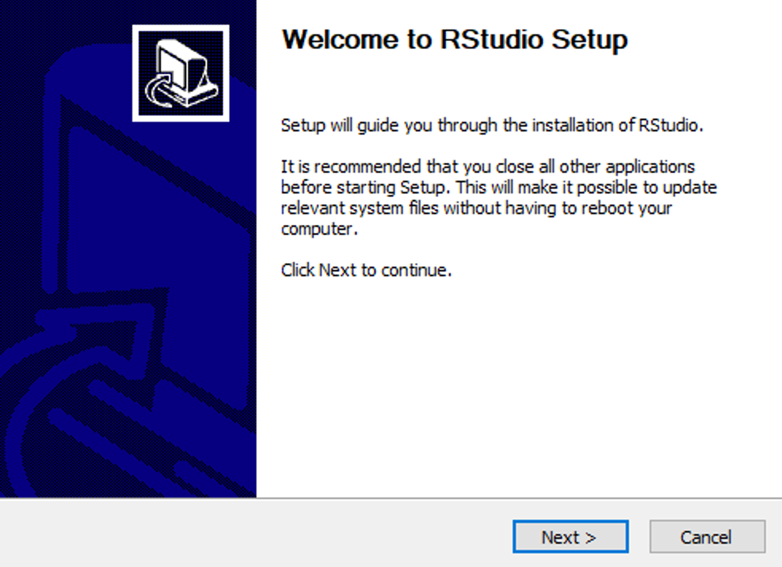 RStudio installer Welcome. Source: uedufy.com