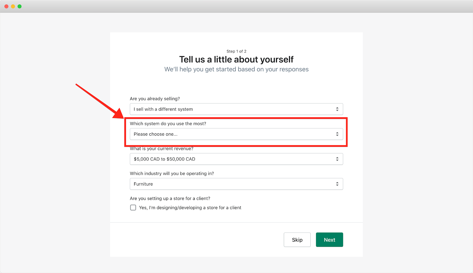 A screenshot highlighting Shopify's sign up process where they ask which system does the user use the most 