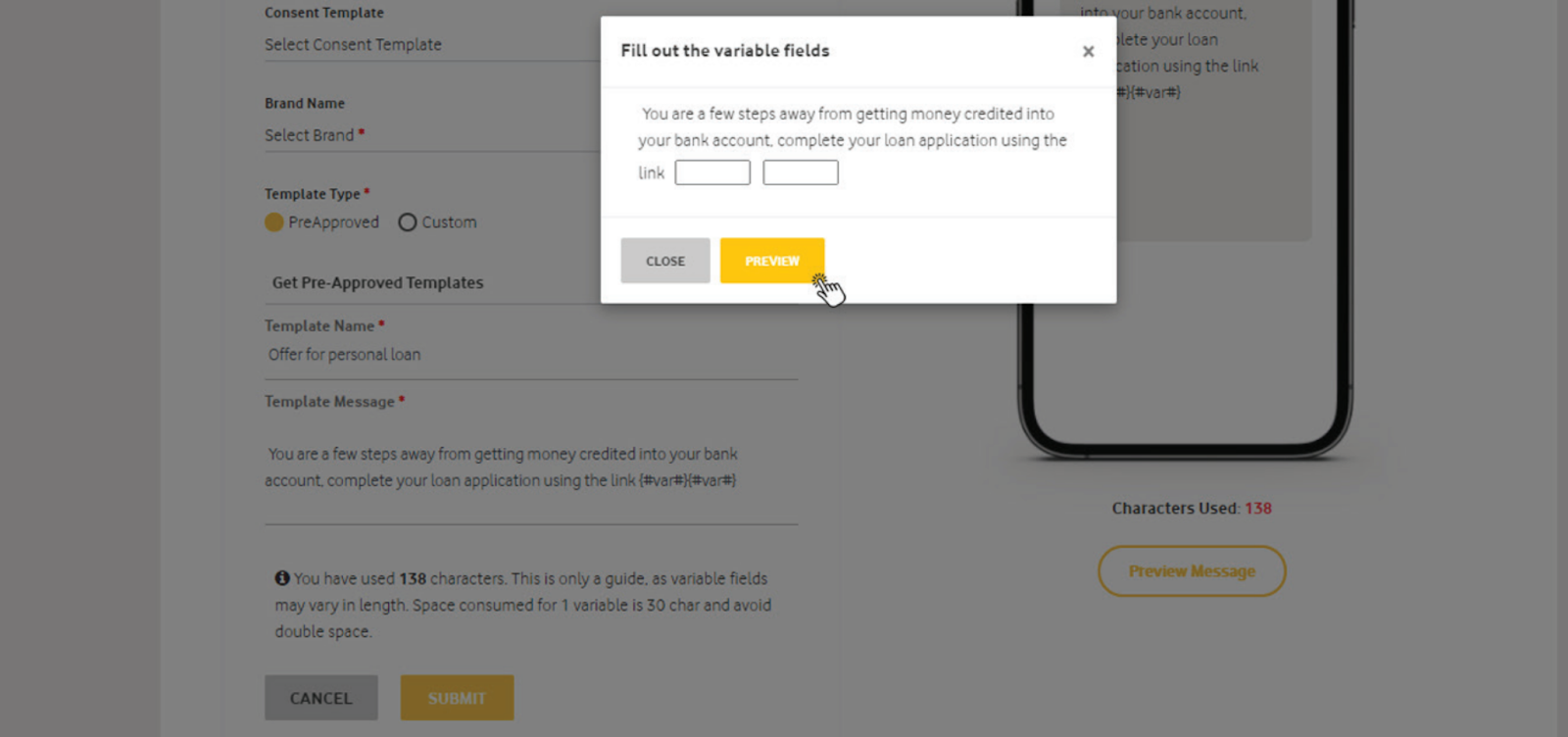 Adding variables in a content template on the Vodafone DLT platform | SMSCountry