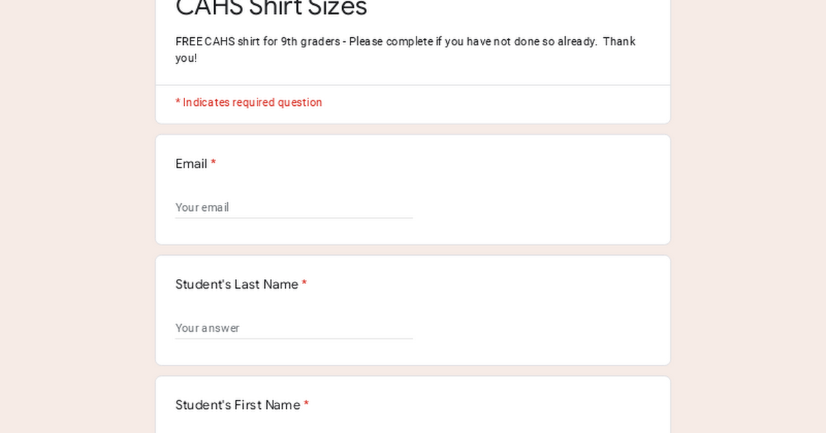 CAHS Shirt Sizes